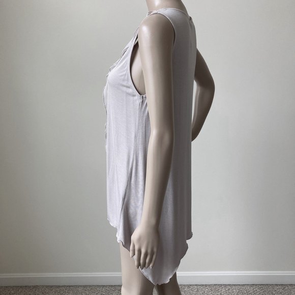 Kische Sleeveless Blouse Woman Sz M Jersey Top Sheer Ruffle High Low Mauve Gray - Picture 6 of 11